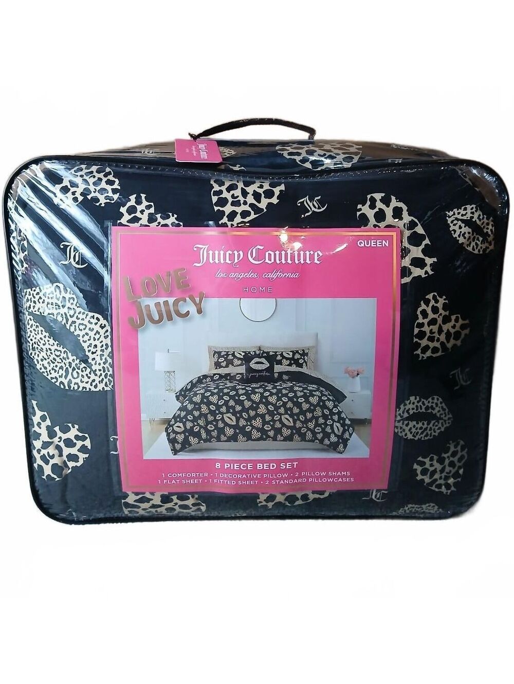 Juicy Couture Queen 8 Pc Bedding Set Lips Leopard Print Hearts Y2K McBling NWT